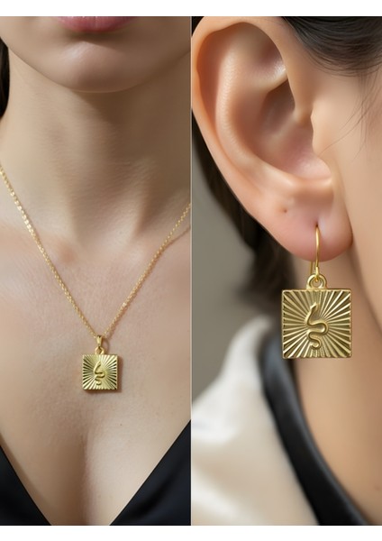 Güneş Işığı Kare Detay Kadın Kolye Küpe Set