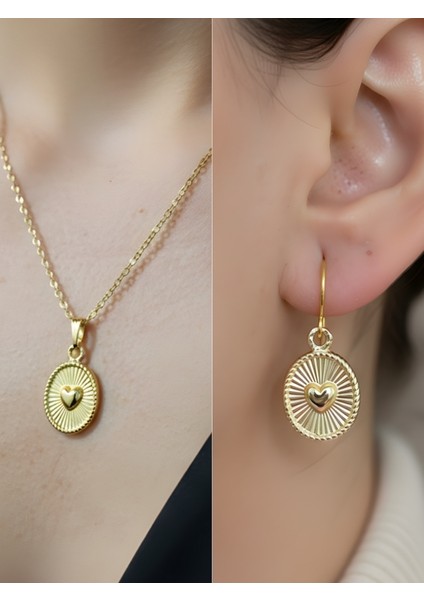 Kalp Oval Form Detay Kadın Kolye Küpe Set