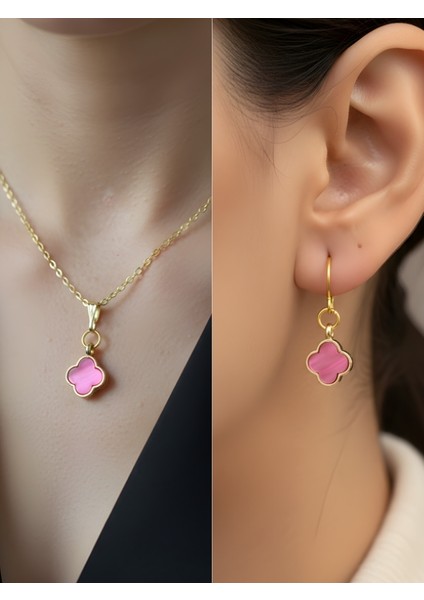 Pembe Dört Yaprak Detay Kadın Kolye Küpe Set