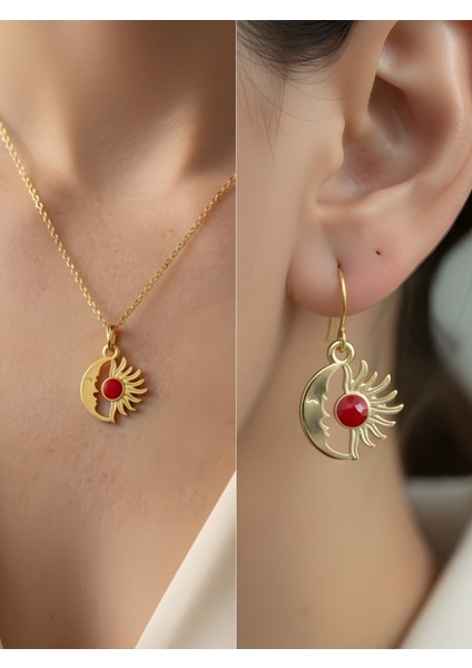 Kırmızı Taş Ay Güneş Detay Kadın Kolye Küpe Set
