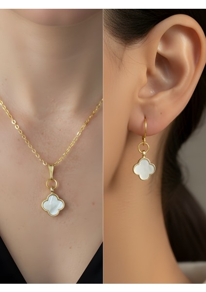 Sedef Dört Yaprak Detay Kadın Kolye Küpe Set