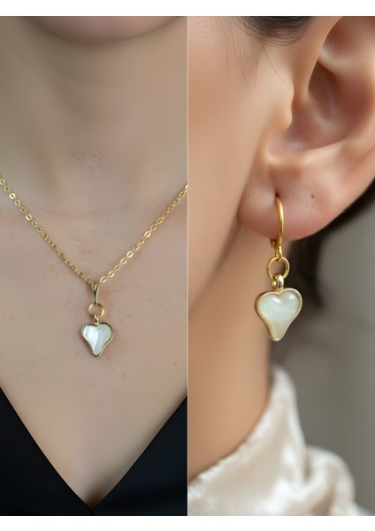 Sedef Kalp Detay Kadın Kolye Küpe Set