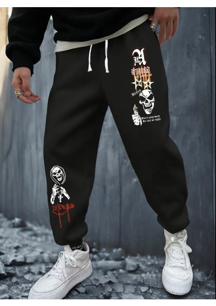 Büyük Beden Özel Tasarım Kuru Kafa Yıldız Baskılı Kışlık %100 Pamuk Erkek Eşofman Altı