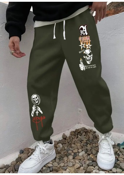 Büyük Beden Özel Tasarım Kuru Kafa Yıldız Baskılı Kışlık %100 Pamuk Erkek Eşofman Altı