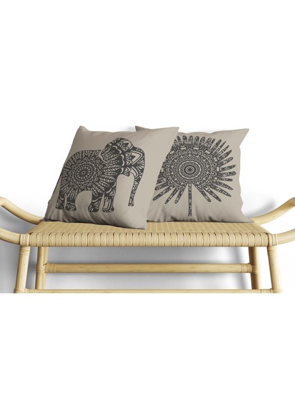 Hint Fil Desenli Dijital Baskı Çift Taraf Desenli 2'li Kare Yastık Kırlent Kılıfı