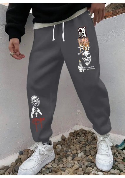 Büyük Beden Özel Tasarım Kuru Kafa Yıldız Baskılı Kışlık %100 Pamuk Erkek Eşofman Altı