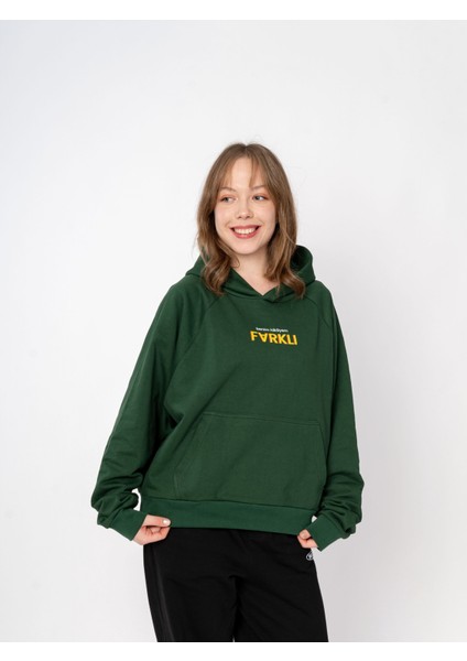 Unisex Oversize Kapüşonlu Yeşil Baskılı Farklı Sweatshirt