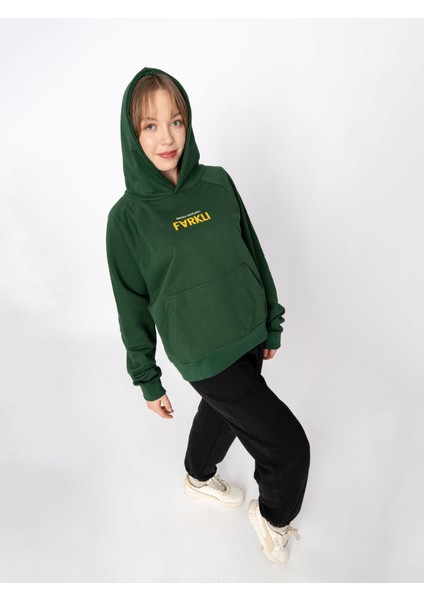 Unisex Oversize Kapüşonlu Yeşil Baskılı Farklı Sweatshirt