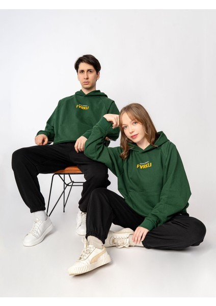 Unisex Oversize Kapüşonlu Yeşil Baskılı Farklı Sweatshirt