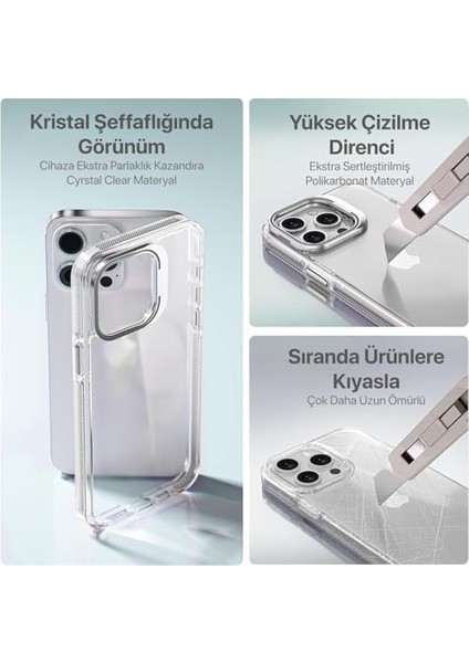iphone 15 Pro Için Hybrid Performance Serisi Ultra Şeffaf Sert Polikarbonat Arka Kısım Orta Sertlikte Silikon Kenarlar ve Stand Olabilen Lens Çerçeveli Kılıf (Natural Titanyum, 15 Pro) fiyatları