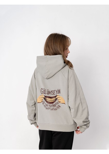 Unisex Oversize Kapüşonlu Baskılı Gülümseyin Sweatshirt