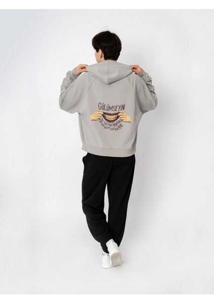 Unisex Oversize Kapüşonlu Baskılı Gülümseyin Sweatshirt