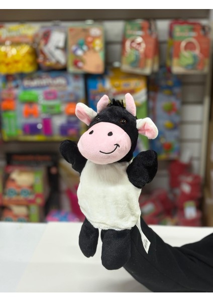 Peluş 25 cm El Kuklası Siyah Beyaz Inek Kukla