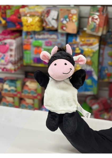 Peluş 25 cm El Kuklası Siyah Beyaz Inek Kukla fiyatları