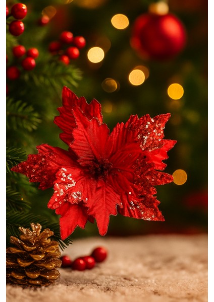 28 cm Kırmızı Pullu Tomurcuklu Uzun Saplı Ponsetya – Lüks Yılbaşı Çiçeği