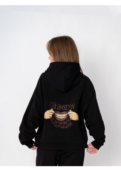 Unisex Oversize Kapüşonlu Baskılı Gülümseyin Sweatshirt