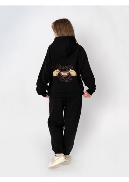 Unisex Oversize Kapüşonlu Baskılı Gülümseyin Sweatshirt