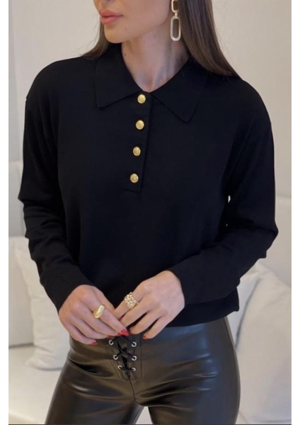 Kadın Watch Premium Doku Polo Yaka Siyah Gold Düğmeli Triko Kazak