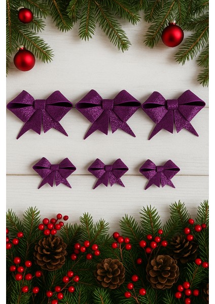 Mor Simli Eva Fiyonk Kurdele – 6'lı Set (3 Adet 9 cm + 3 Adet 6.5 Cm) Yılbaşı Süsleme
