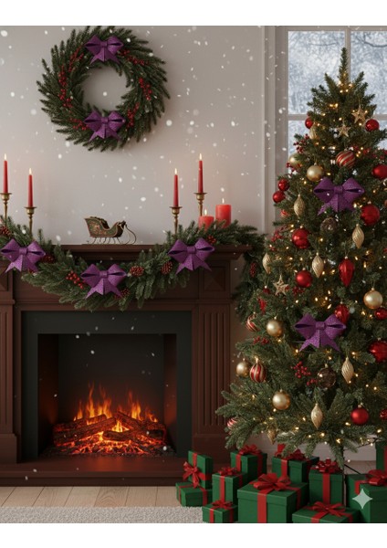 Mor Simli Eva Fiyonk Kurdele – 6'lı Set (3 Adet 9 cm + 3 Adet 6.5 Cm) Yılbaşı Süsleme fiyatları