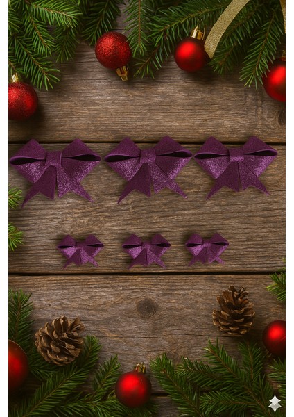 Mor Simli Eva Fiyonk Kurdele – 6'lı Set (3 Adet 9 cm + 3 Adet 6.5 Cm) Yılbaşı Süsleme