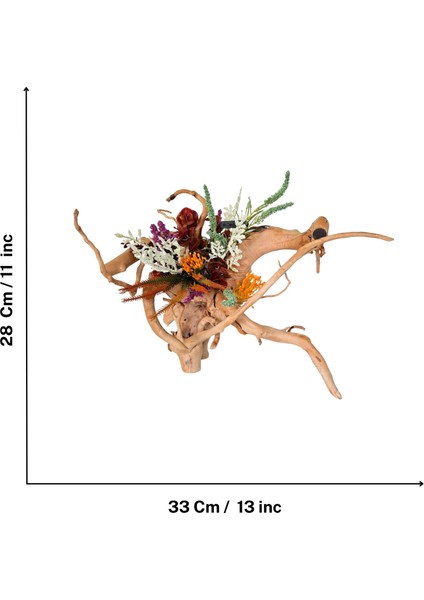 El Yapımı Doğal Kök Dekor – Renkli Yapay Çiçekli Masa Üstü Tasarım