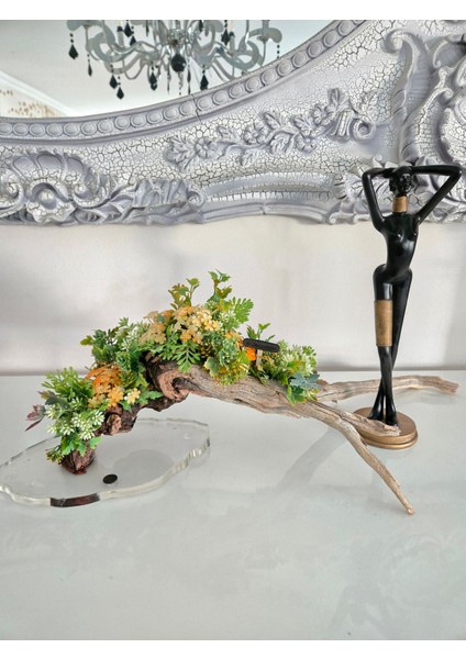 El Yapımı Doğal Ağaç Dekor – Sarı ve Yeşil Yapay Çiçekli Masa Üstü Tasarım