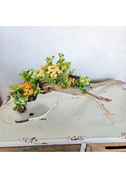 El Yapımı Doğal Ağaç Dekor – Sarı ve Yeşil Yapay Çiçekli Masa Üstü Tasarım fiyatları