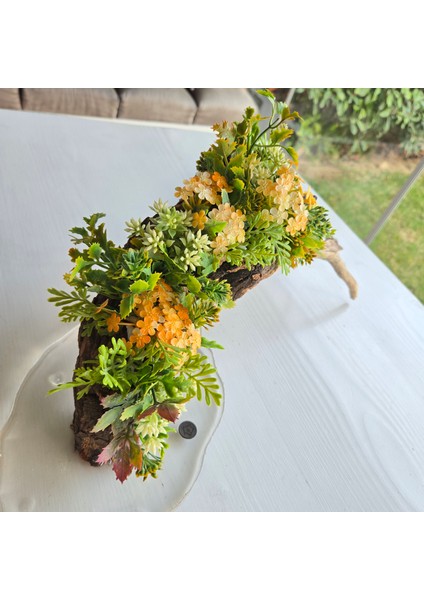 El Yapımı Doğal Ağaç Dekor – Sarı ve Yeşil Yapay Çiçekli Masa Üstü Tasarım indirimleri