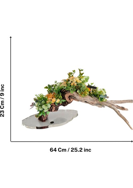 El Yapımı Doğal Ağaç Dekor – Sarı ve Yeşil Yapay Çiçekli Masa Üstü Tasarım