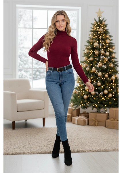 Balıkçı Yaka Dar Kesim Kaşkorse Kazak Bordo W3103