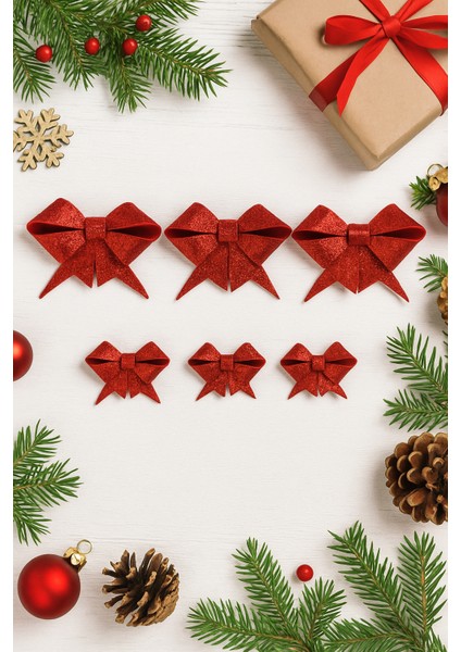 Kırmızı Simli Eva Fiyonk Kurdele – 6'lı Set (3×9 cm + 3×6.5 Cm) Yılbaşı Süsleme