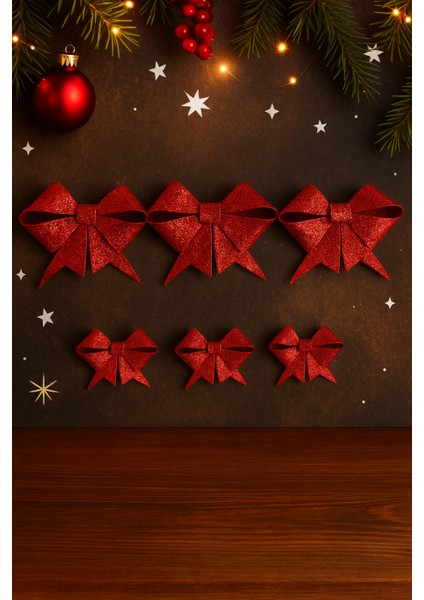 Kırmızı Simli Eva Fiyonk Kurdele – 6'lı Set (3×9 cm + 3×6.5 Cm) Yılbaşı Süsleme fiyatları