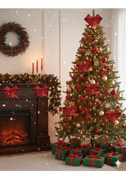 Kırmızı Simli Eva Fiyonk Kurdele – 6'lı Set (3×9 cm + 3×6.5 Cm) Yılbaşı Süsleme modelleri