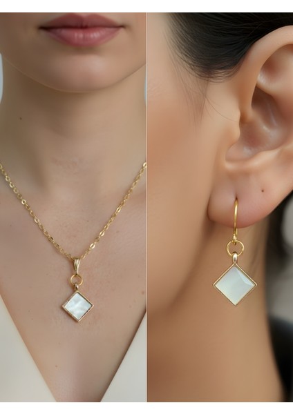 Sedef Kare Detay Kadın Kolye Küpe Set