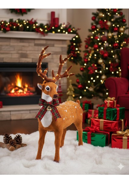 Yılbaşı Geyik Kadife Tak Çıkar Boynuzlu 40CM Doğal Kahverengi Lüks Geyik