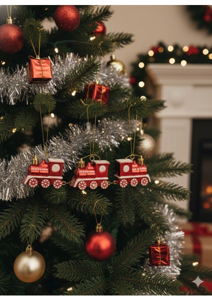 5.5×4.5 cm 4'lü Kırmızı Simli Yılbaşı Tren Seti – Dekoratif Masa ve Ağaç Süsü