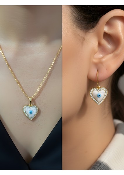 Nazar Kalp Taşlı Detay Kadın Kolye Küpe Set