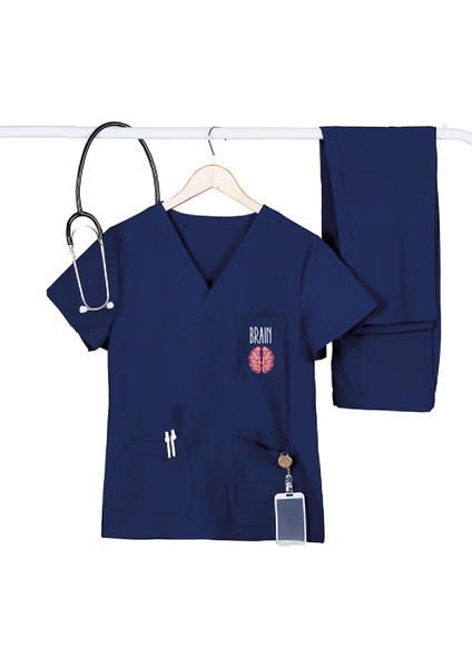 Beyin Cerrahı Doktor Forma Takım Likralı Kumaş Brain