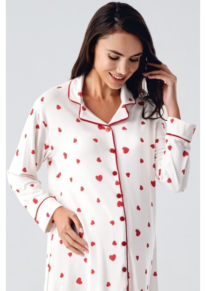 Artış Uzun Kollu Düğmeli Kalp Desenli Esnek Hamile Gecelik 21113 fırsatları