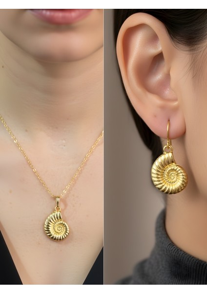 Deniz Kabuğu Spiral Detay Kadın Kolye Küpe Set