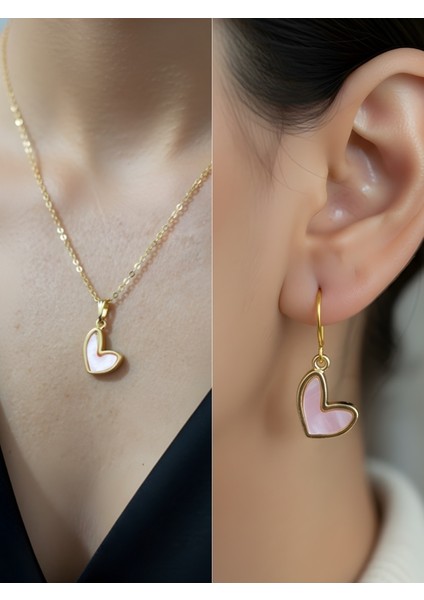 Pembe Sedef Kalp Detay Kadın Kolye Küpe Set