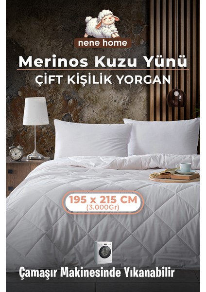 Çift Kişilik Merinos Kuzu Yünü Yorgan (%100 Saf Merinos Kuzu Yünü) 195 x 215 cm Ebat, 3000 Gram