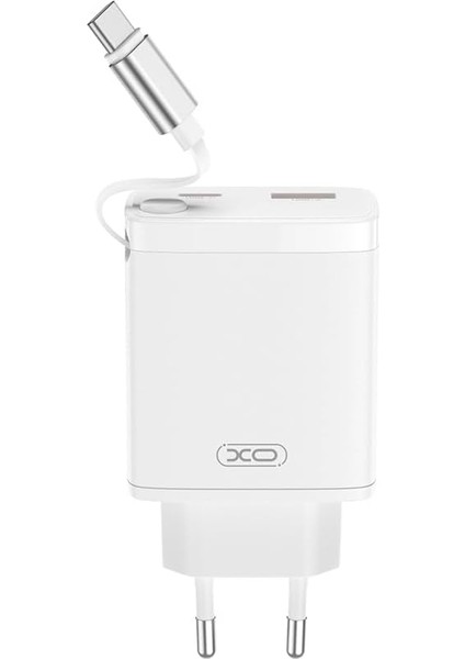 Xo 30W Çift Portlu Hızlı Şarj Adaptörü CE31- Dahili Usb-C Kablo | Usb-A & Usb-C Portları, Çekilebilir Usb-C Kablo, Çoklu Kullanım | Akım Korumalı | Beyaz