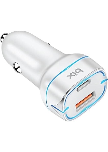 Bix BX-CCP36WT 38W Type-C Pd 20W ve Usb-A Qc 3.0 18W Çift Portlu LED Işıklı Araç Şarj Cihazı Beyaz 15/14/13/12/11/x/, Ipad, Galaxy S24/S23/S22/S21/S20 ve Daha Fazlasıyla Uyumlu BXCCP36WT modelleri