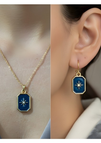 Lacivert Yıldız Detay Kadın Kolye Küpe Set