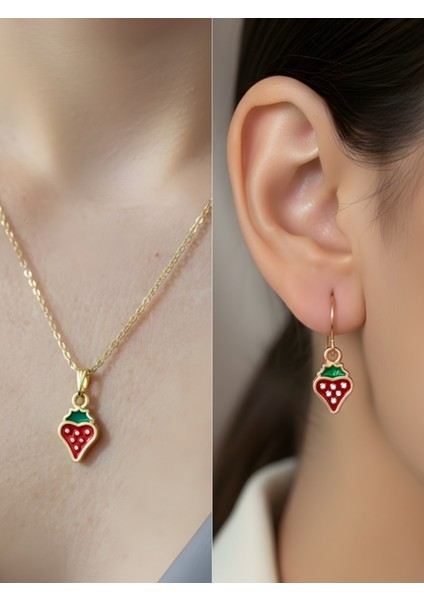 Çilek Figür Detay Kadın Kolye Küpe Set