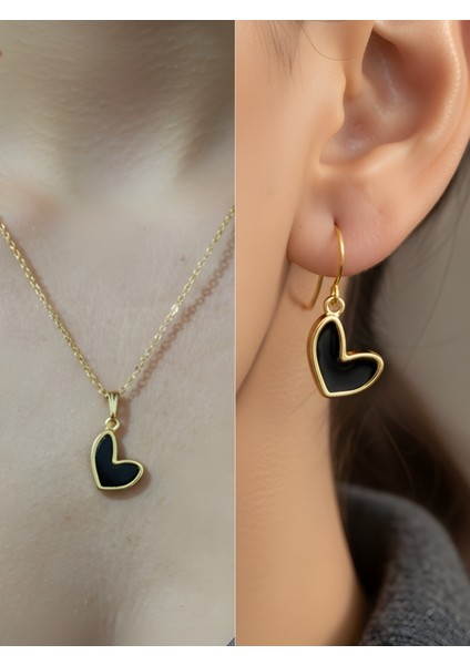 Siyah Kalpli Detay Kadın Kolye Küpe Set