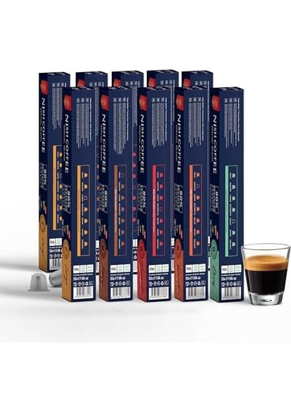 Nish Kahve Nespresso Uyumlu Kapsül Kahve 10&apos;lu Set 2xlungo, 2xıtaly, 2xristeretto, 2xsmooth, 2xdecaf 100 Adet