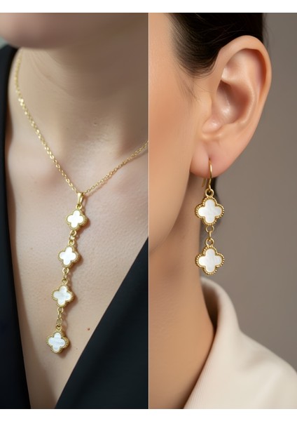 Sedef Dört Yaprak Detay Kadın Kolye Küpe Set